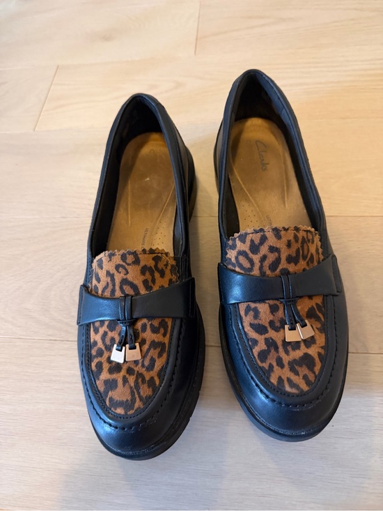Clarks Shoes - Clarks Black Loafers with Leopard Print Vamp
